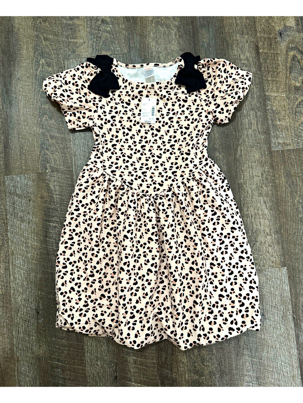 NWT Gymboree Girls Size 12 Peach/Black Leopard Knit Fit & Flare Dress Bows